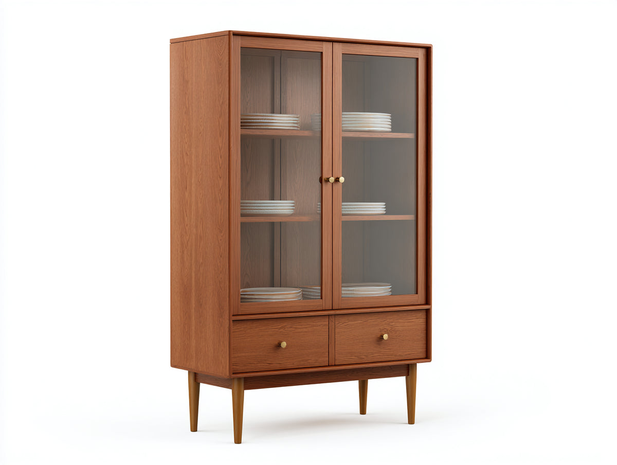 Vitrine-Holz-Glas-102×43×181 cm-Mittelbraun-klassische Präsentationsvitrine fürs Wohnzimmer