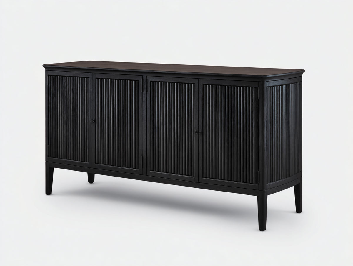 Sideboard-Holz-168×43×92 cm-Schwarz-vier gerahmte Rillentüren