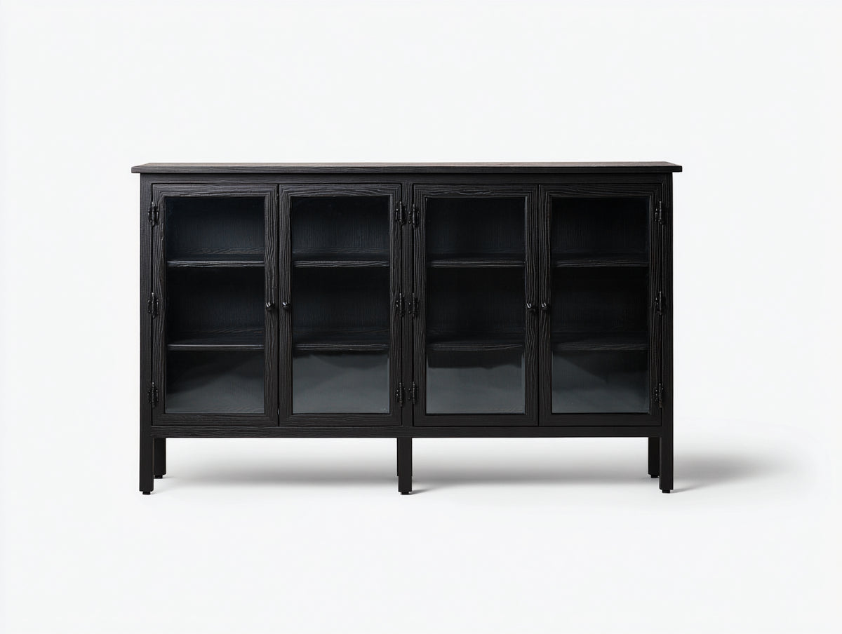 Sideboard-Holz-Glas-165×42×98 cm-Schwarz-vier Glastüren mit drei Ablagezonen