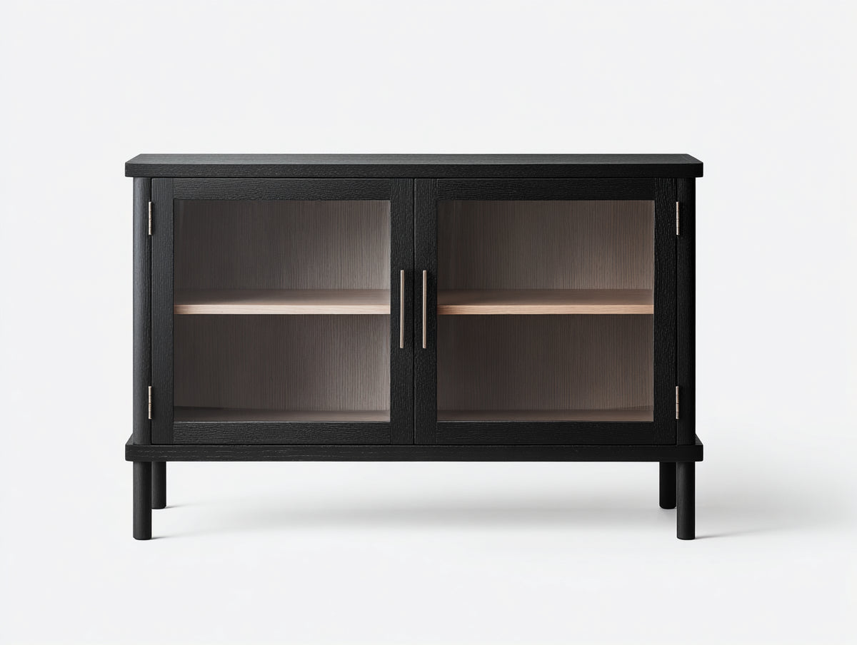 Sideboard aus Holz und Glas 120×40×82 cm Schwarz/Naturbraun für Wohnzimmer - mit zwei Glastüren