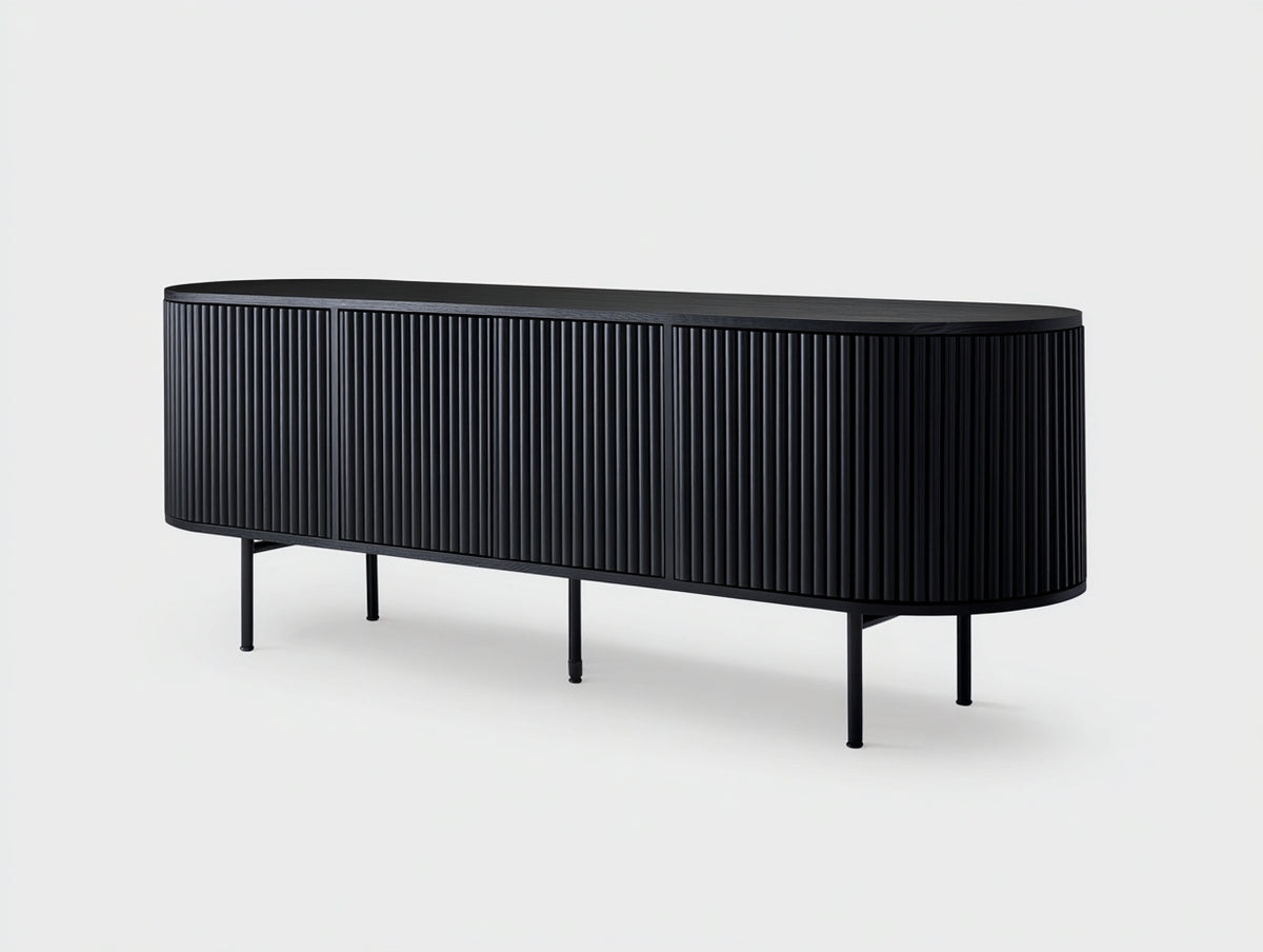 Sideboard aus Holz 180×42×78 cm Schwarz für Wohnzimmer - drei Rillentüren mit Rundkanten