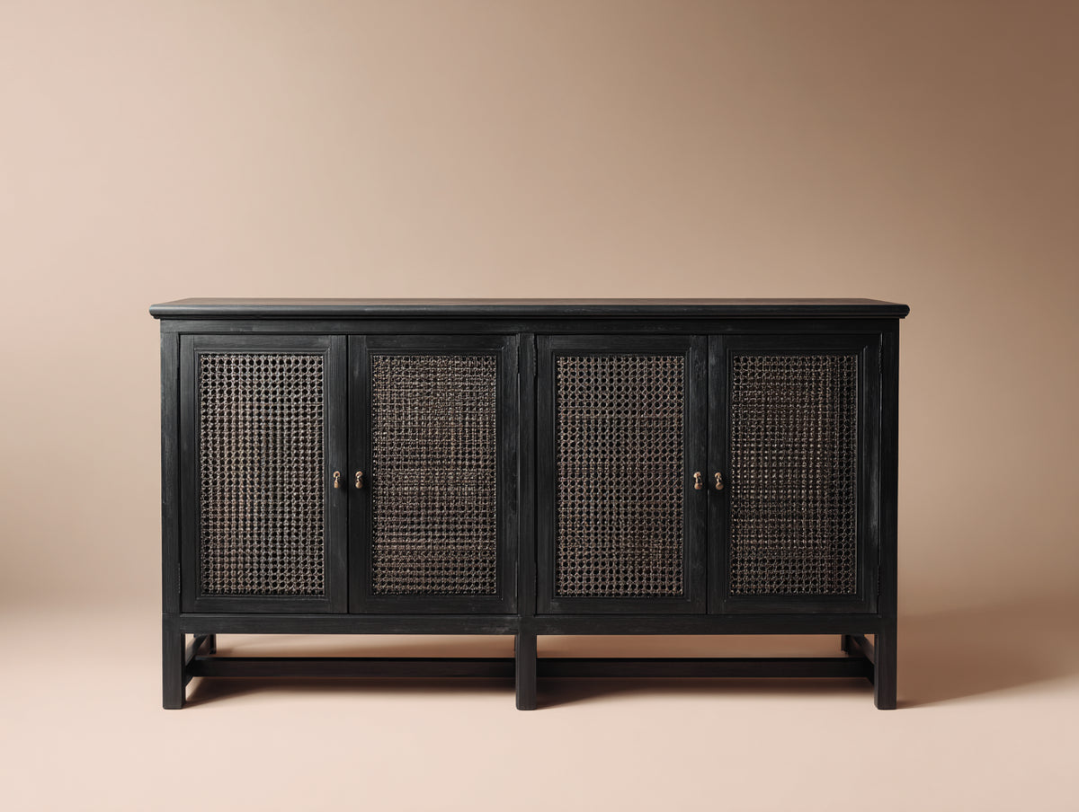 Sideboard Holz-Rattan 155×42×88 cm - schwarz/dunkelbraun - Wohnzimmer Aufbewahrung