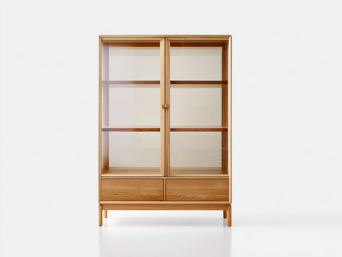 Vitrine-Massivholz-105×42×176 cm-Eiche natur-zwei Glastüren mit Doppelschublade
