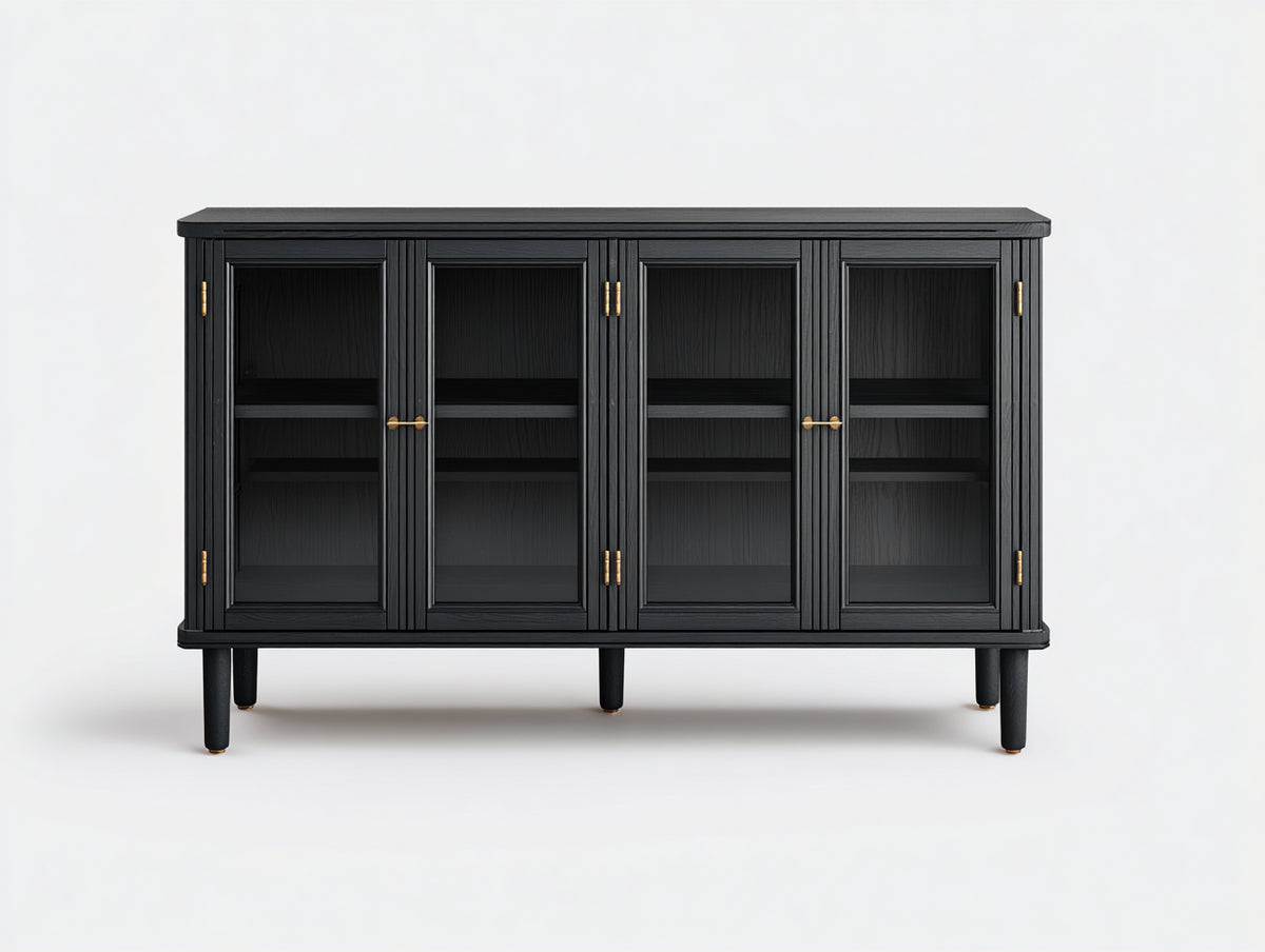 Sideboard aus Holz und Glas 168×42×92 cm Schwarz/Gold für Wohnzimmer - mit vier Glastüren