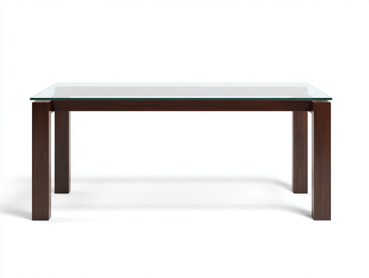 Esstisch-Glas-Holz-180×90×76 cm-Transparent/Dunkelbraun-rechteckige Platte mit Außenbeinen