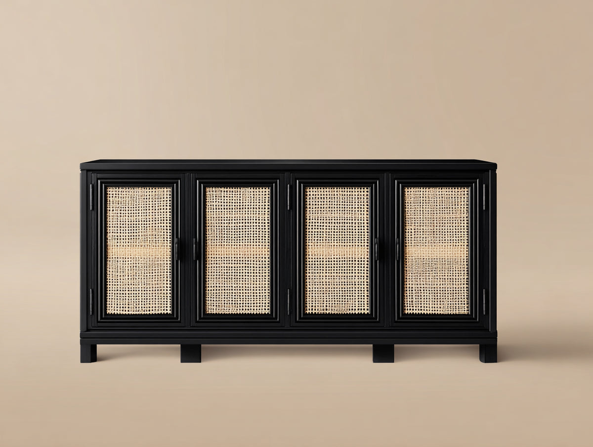 Sideboard Holz-Rattan 160×40×82 cm - schwarz/natur - Wohnzimmer Stauraumschrank