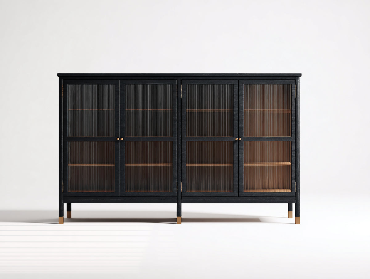 Sideboard-Holzwerkstoff-Glas-180×42×108 cm-Schwarz/Braun-geriffelte Front fürs Wohnzimmer