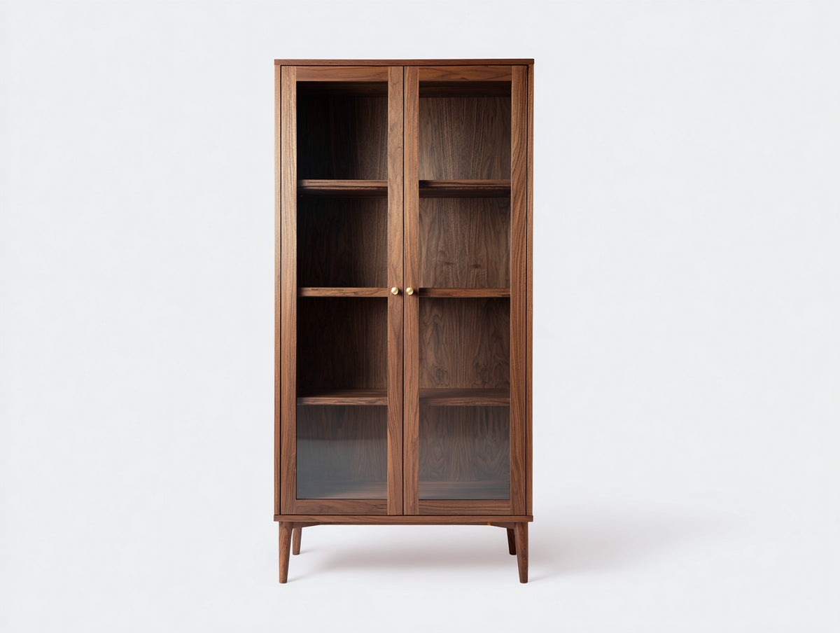 Vitrine-Holz-Glas-90×40×180 cm-Walnussbraun-zeitloses Design fürs Wohnzimmer