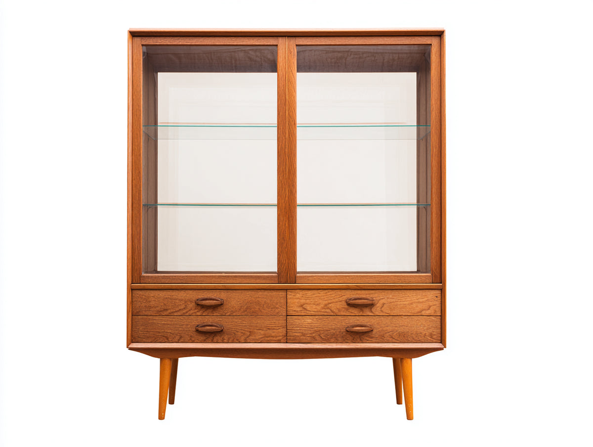Vitrine-Holz-Glas-118×43×170 cm-Honigbraun-zwei Glasböden mit vier Schubladen