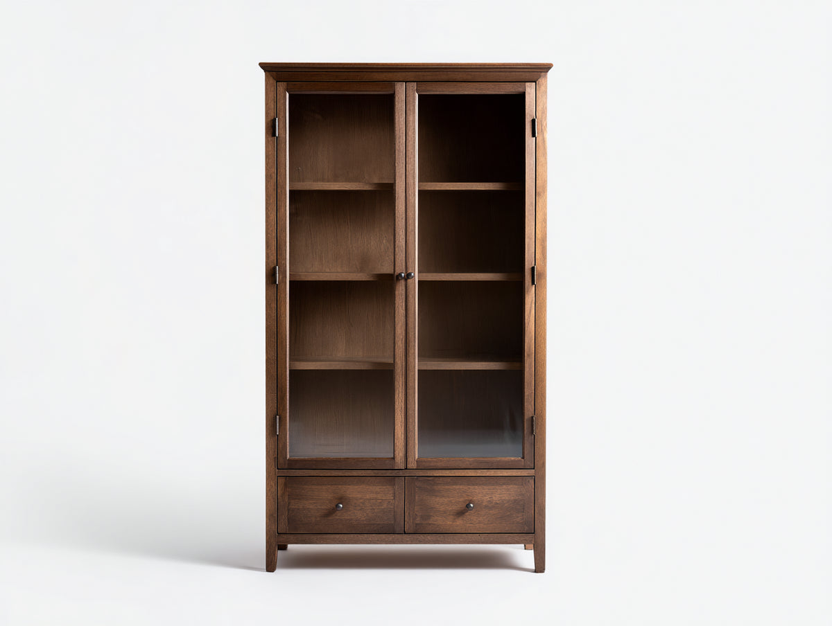 Vitrine-Holz-Glas-88×39×176 cm-Braun-zeitlose Wohnzimmervitrine mit geschützter Präsentationsfläche