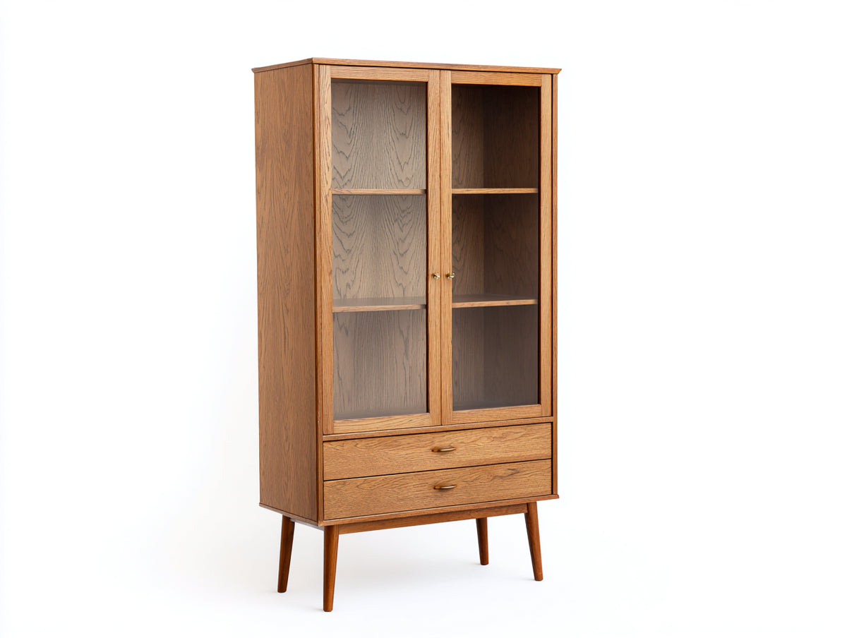 Vitrine-Holz-Glas-91×41×185 cm-Eichebraun-schmale Wohnzimmervitrine mit Stauraum