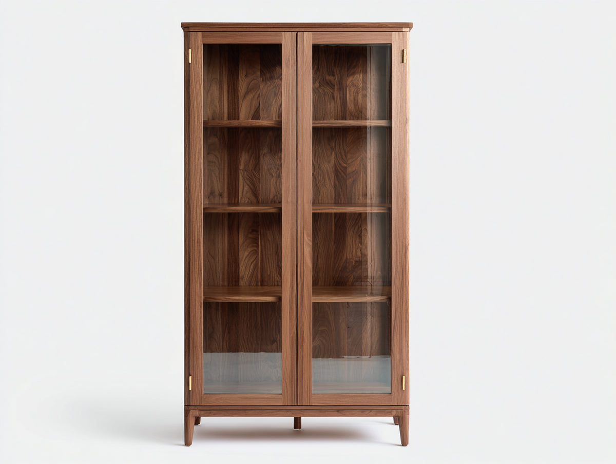 Vitrine-Holz-Glas-94×42×182 cm-Mittelbraun-klare Präsentationsvitrine fürs Wohnzimmer