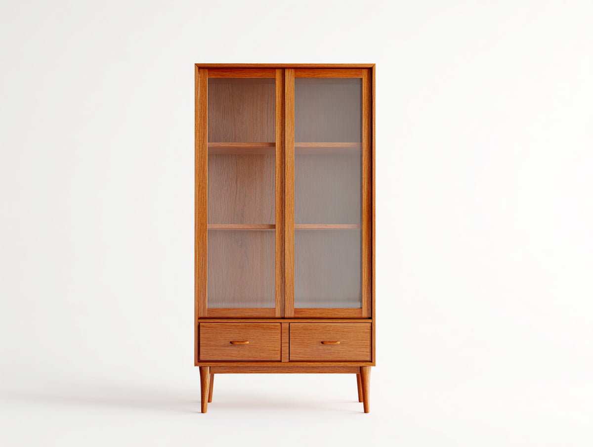 Vitrine-Holz-Glas-90×40×181 cm-Warmbraun-zwei Glasfronten mit Doppelschublade