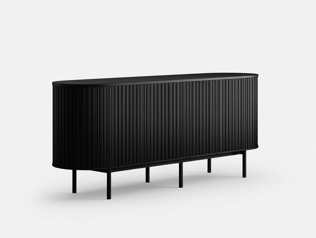 Sideboard aus Holzwerkstoff 190×43×78 cm Schwarz für Wohnzimmer - vier Rillentüren mit Rundseiten