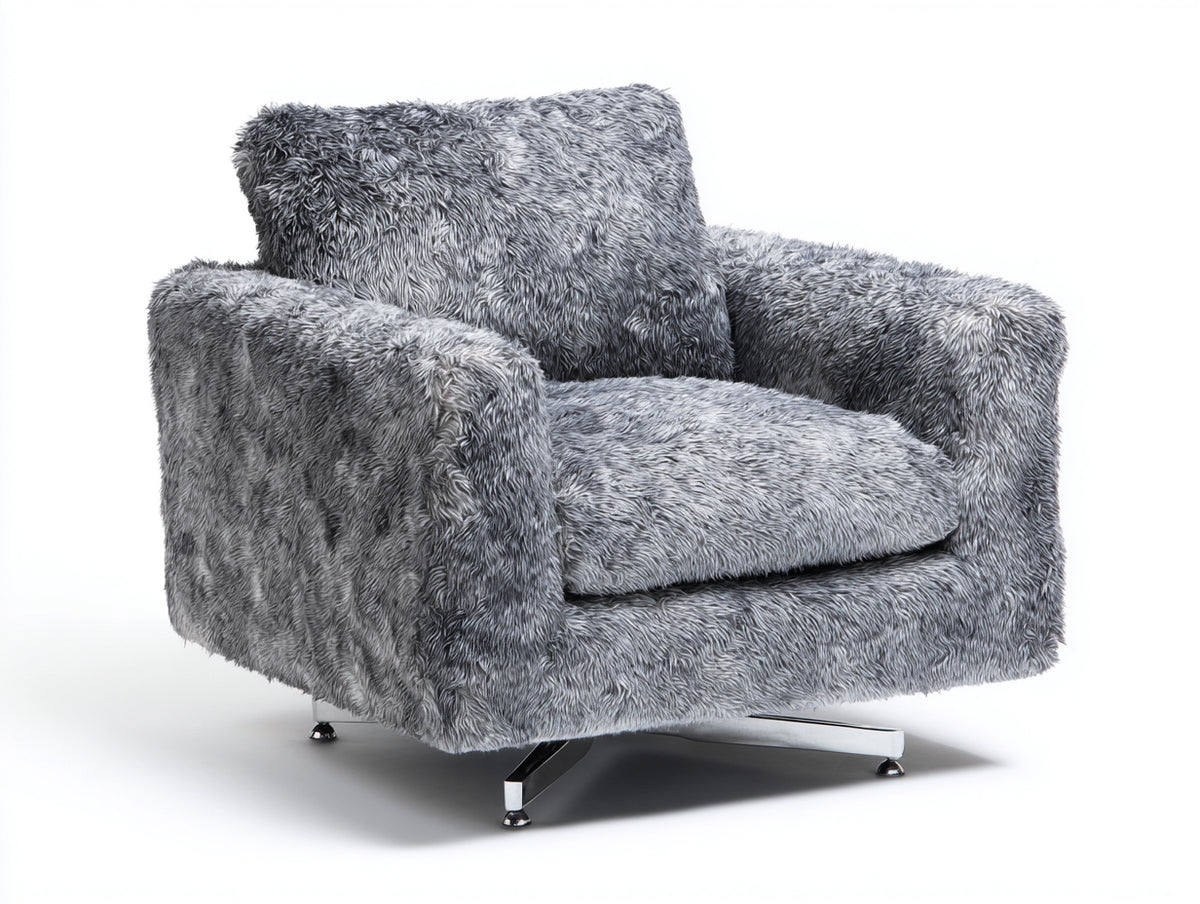 Liegestuhl in Felloptik und Metall 96×88×82 cm Grau/Silber für Wohnzimmer - drehbarer Komfortsessel