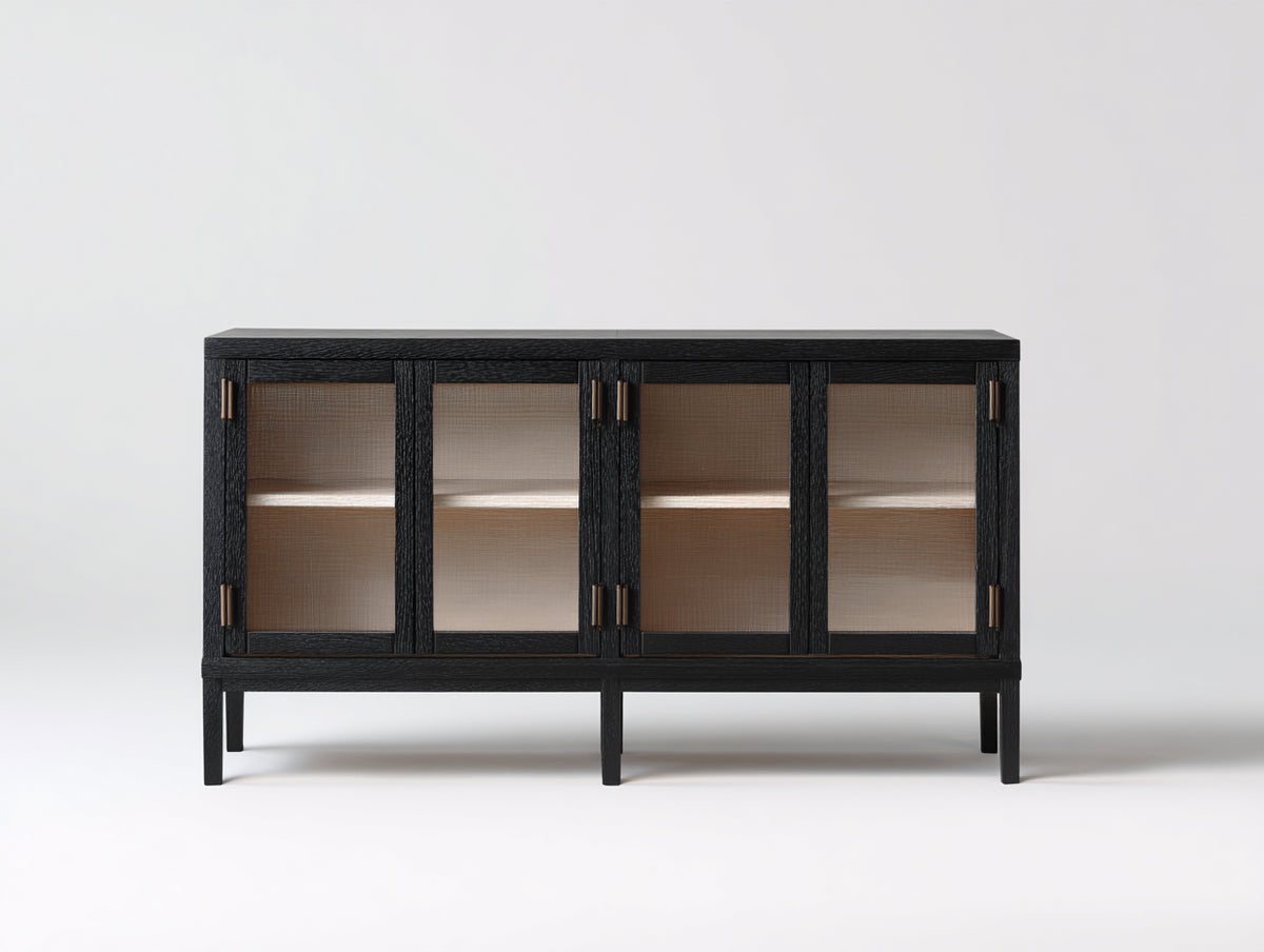 Sideboard-Holz-Glas-160×41×82 cm-Schwarz/Hellbraun-vier Glastüren mit Innenboden