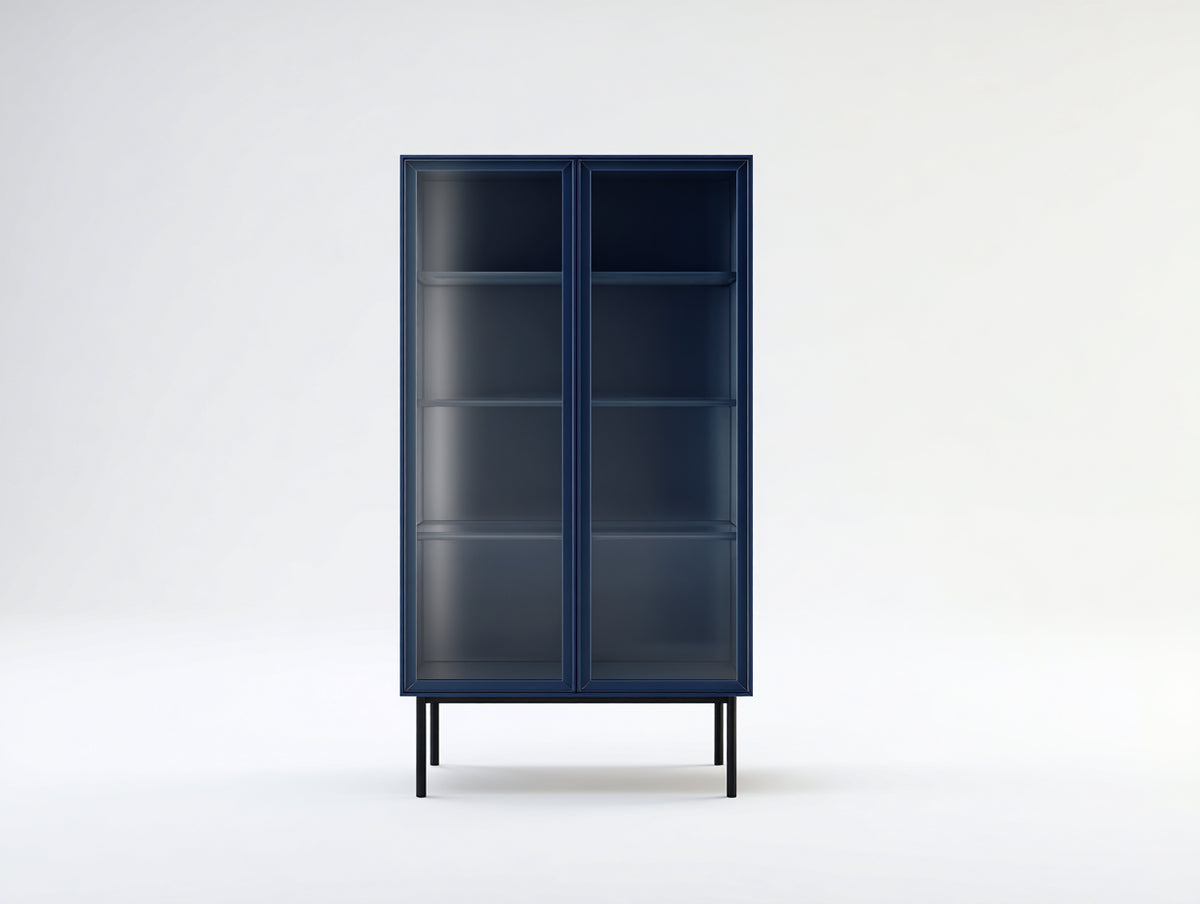 Vitrine aus Metall und Glas 82×38×174 cm Dunkelblau-Schwarz für Wohnzimmer - schlankes Zweitürdesign