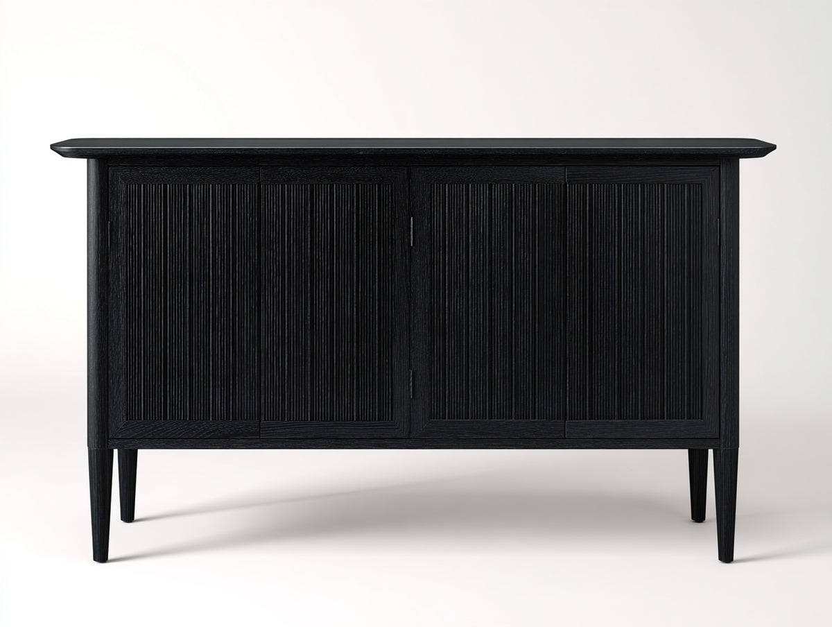 Sideboard aus Holz 160×42×88 cm Schwarz für Wohnzimmer - vier Rillentüren und erhöhte Beine