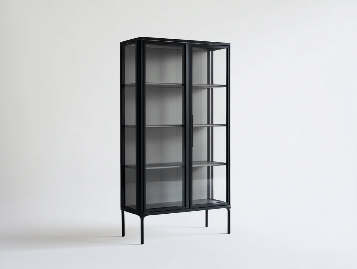 Vitrine aus Metall und Glas 86×40×180 cm Schwarz für Wohnzimmer - verglaste Seiten mit Zweitürfront