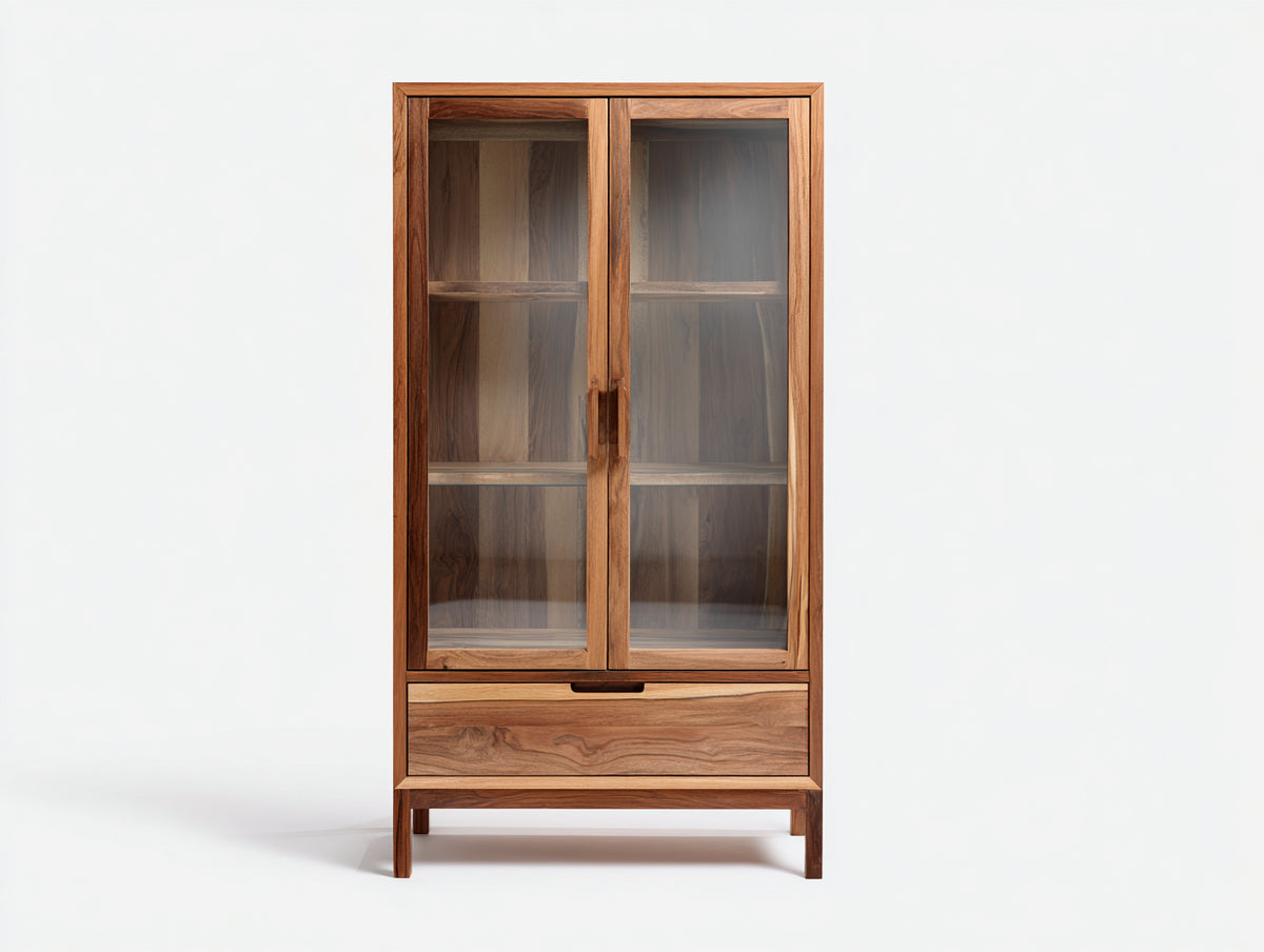 Vitrine-Massivholz-95×42×180 cm-Walnussbraun-zwei Glastüren mit breiter Schublade